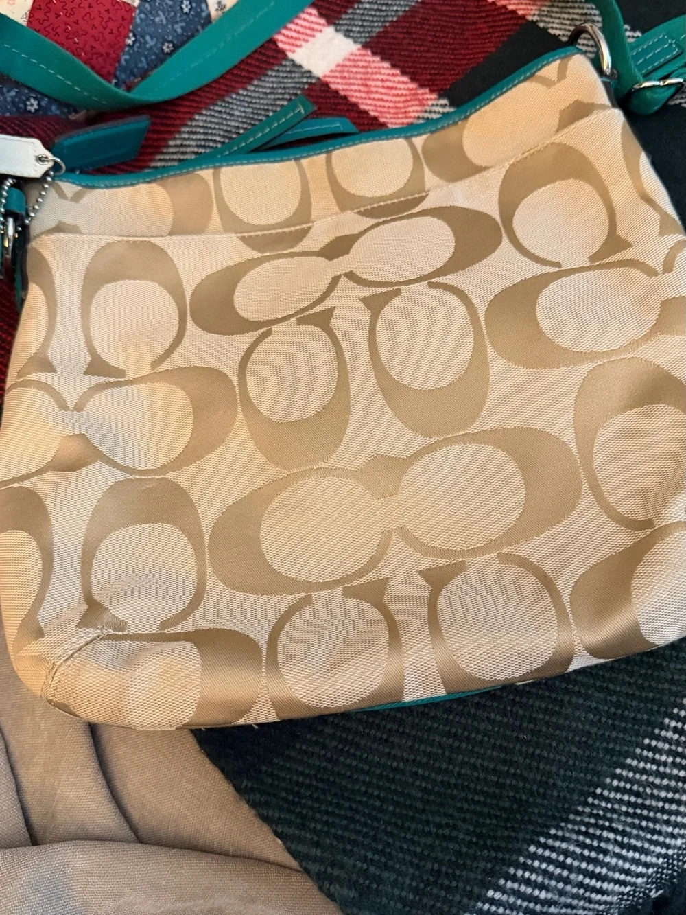 Coach Signature Crossbody Bag in Teal and Tan